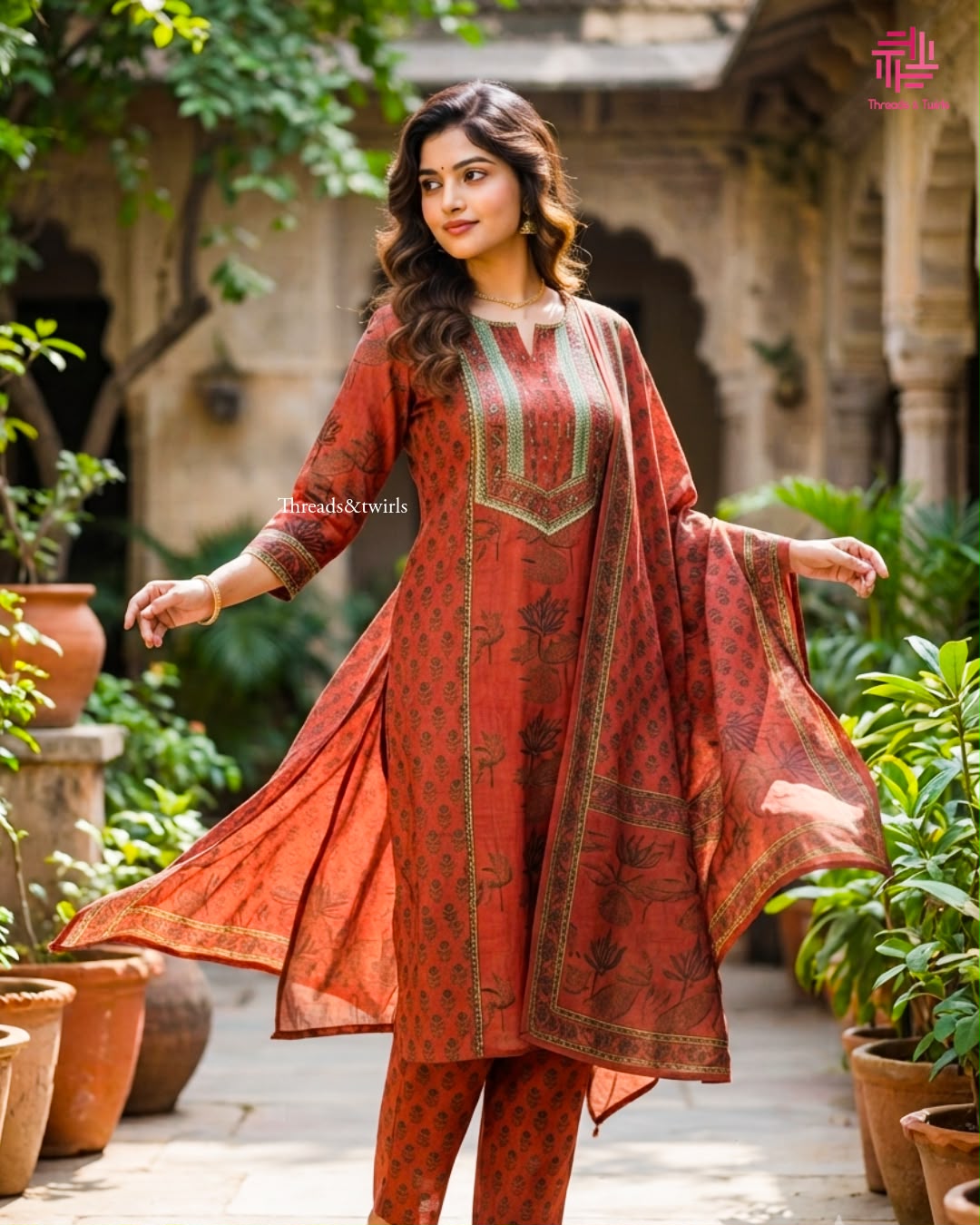 Brick Red Pure Cotton Straight-Cut Salwar Suit | Threads & Twirls