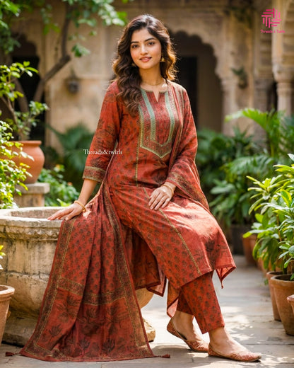 Brick Red Pure Cotton Straight-Cut Salwar Suit | Threads & Twirls