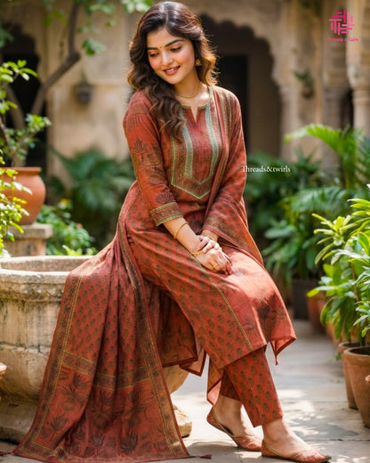 Brick Red Pure Cotton Straight-Cut Salwar Suit | Threads & Twirls
