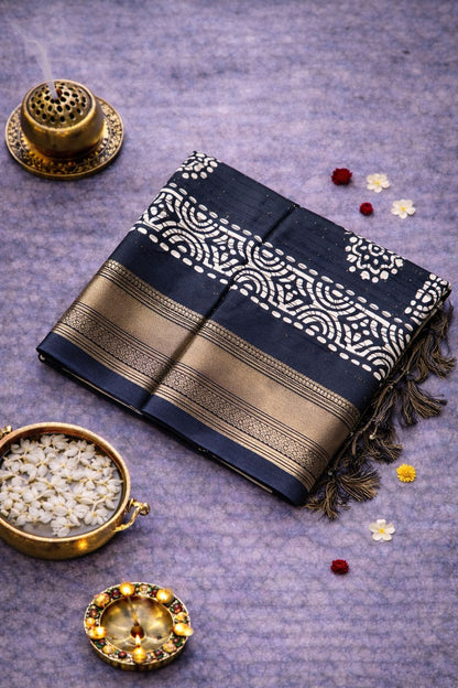 Batik Printed Saree with Kantha Work, Sequins & Zari Border | Mriksha Sarees