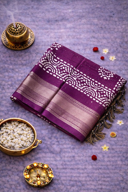 Batik Printed Saree with Kantha Work, Sequins & Zari Border | Mriksha Sarees