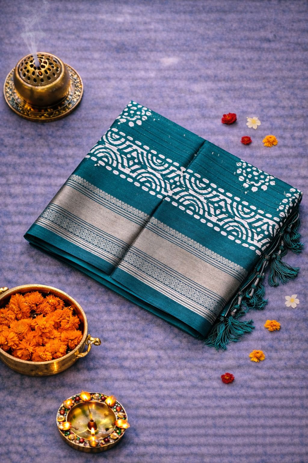 Batik Printed Saree with Kantha Work, Sequins & Zari Border | Mriksha Sarees