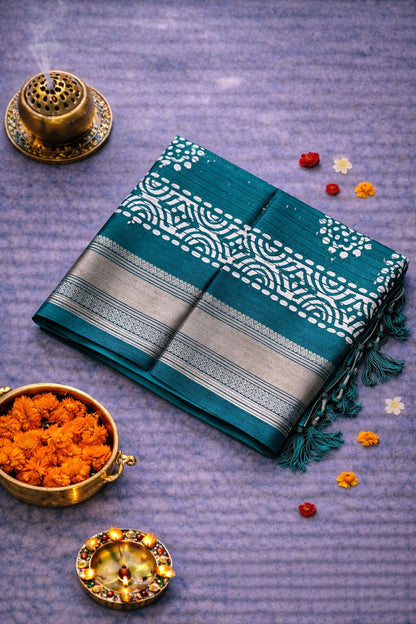 Batik Printed Saree with Kantha Work, Sequins & Zari Border | Mriksha Sarees