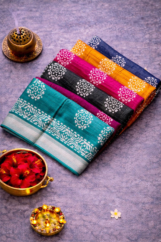 Batik Printed Saree with Kantha Work, Sequins & Zari Border | Mriksha Sarees