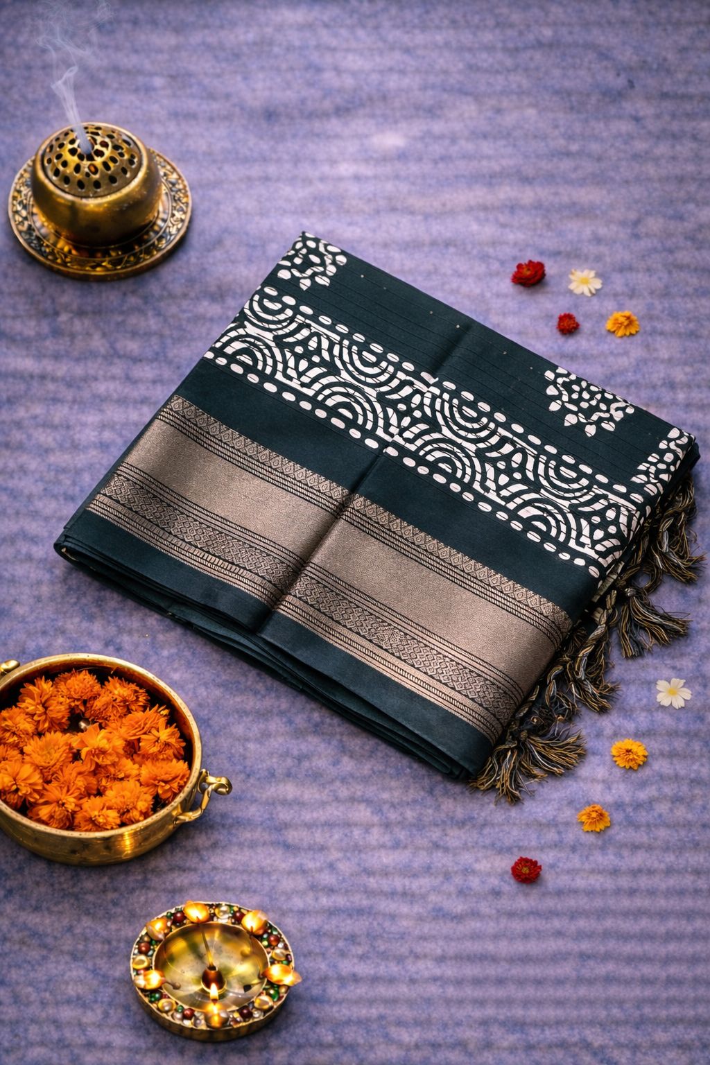 Batik Printed Saree with Kantha Work, Sequins & Zari Border | Mriksha Sarees