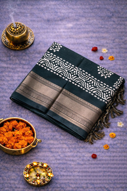 Batik Printed Saree with Kantha Work, Sequins & Zari Border | Mriksha Sarees