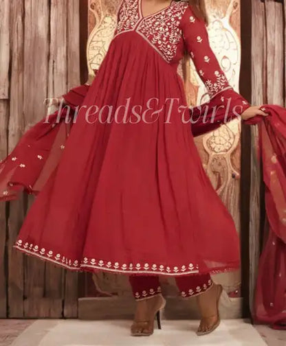Sonal - Anarkali Suit Set - Red | Threads & Twirls