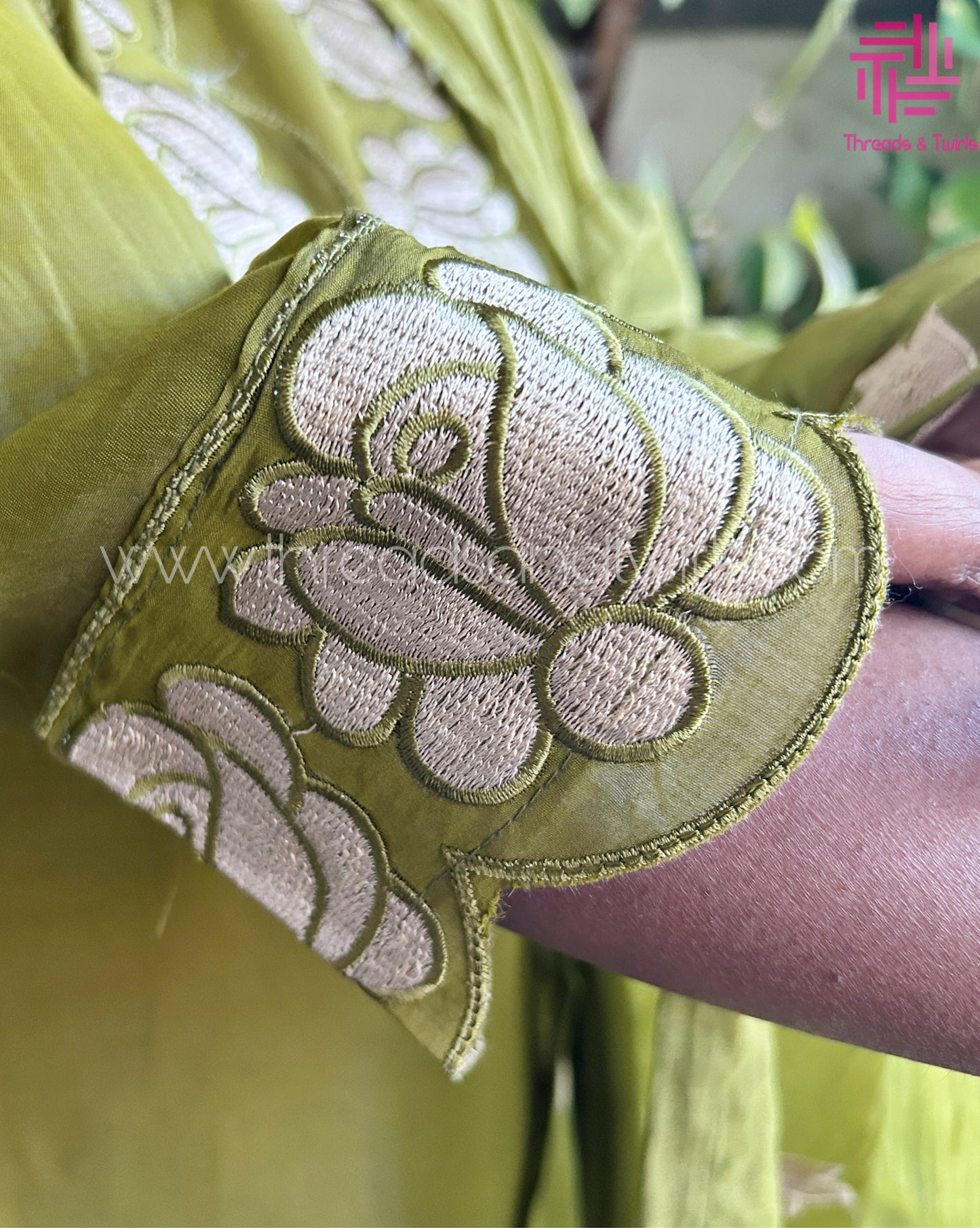 Olive Green Viscose Silk Salwar Suit with Embroidered Neckline & Dupatta | Threads & Twirls