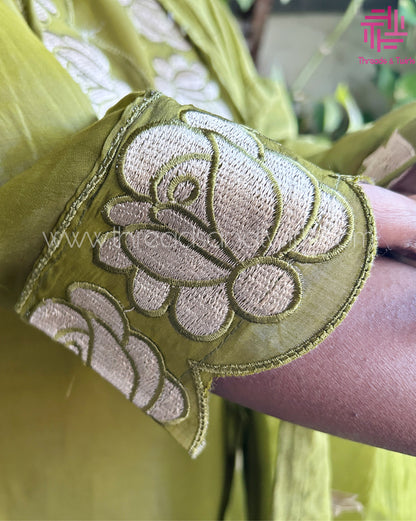Olive Green Viscose Silk Salwar Suit with Embroidered Neckline & Dupatta | Threads & Twirls